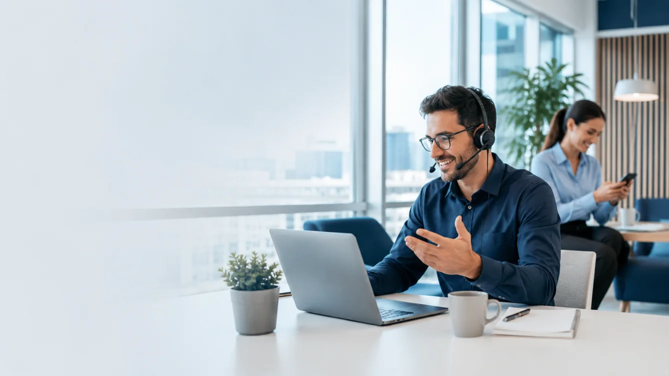 Profissional em atendimento por computador usando headset em ambiente corporativo