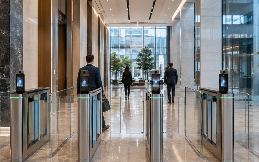 Detalhe de recepção corporativa com catracas de vidro e leitores de acesso