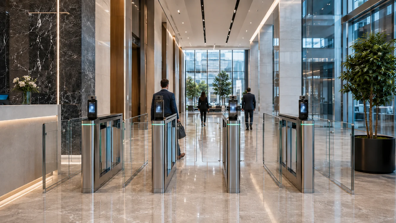 Recepção corporativa com catracas de vidro e leitores faciais